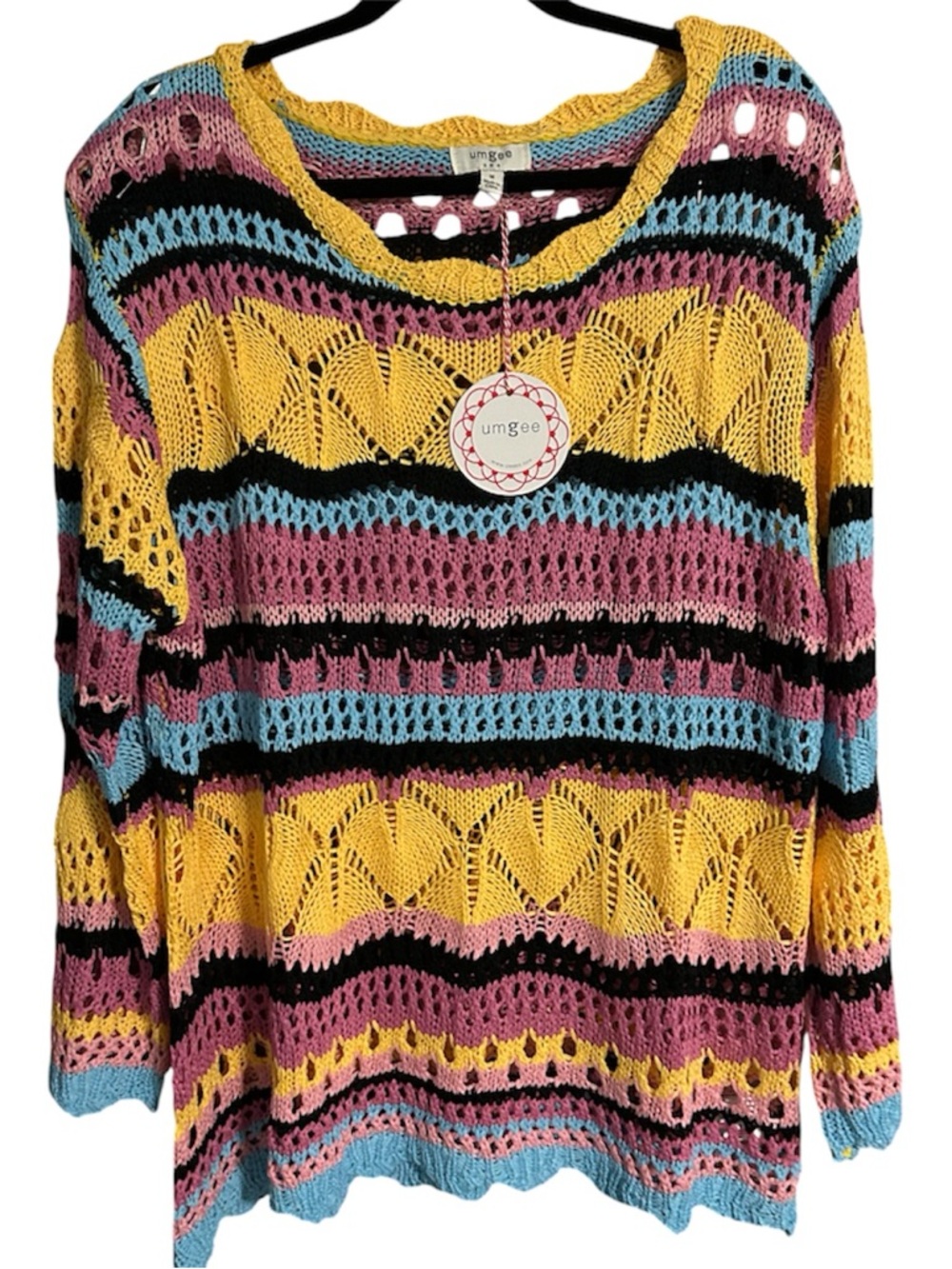Umgee Yellow Pink Blue Black Open-Knit Striped Pullover